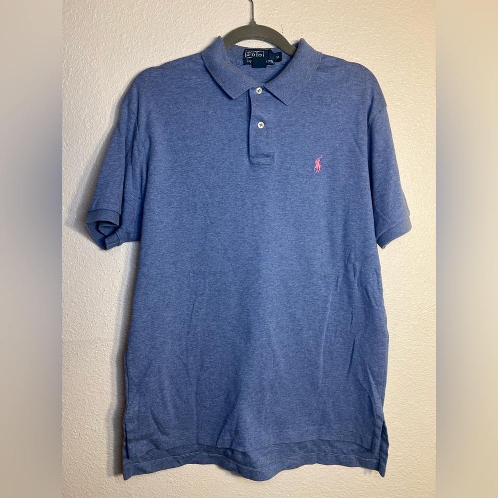 Polo By Ralph Lauren Men's Medium Short Sleeve Polo Shirt Blue With Pink Pony